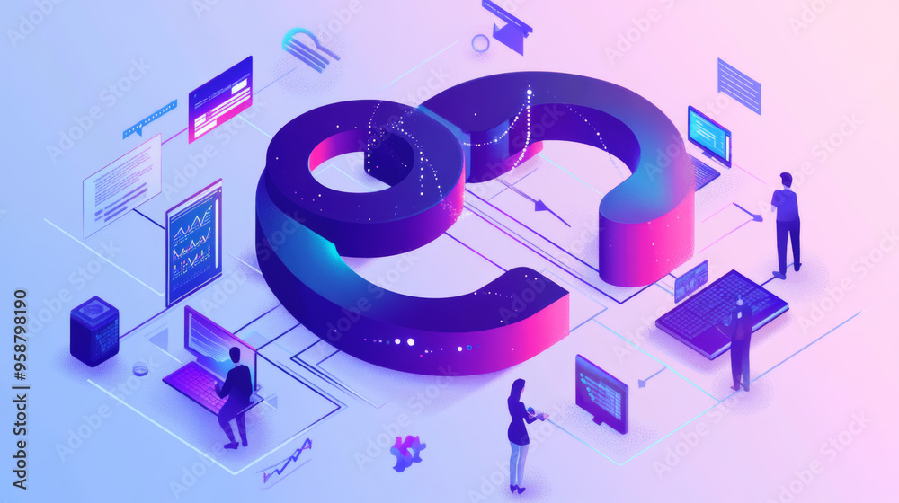 Poster devops is about bringing developers and operations teams together to work smoothly. this illustratio