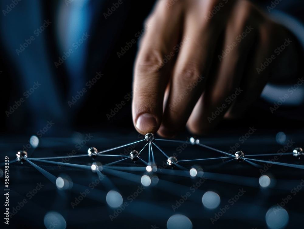 Poster a close-up of a hand connecting dots on a digital network. this stock photo symbolizes connectivity,