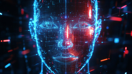 A glowing face appears in a digital world. This futuristic artwork shows the connection between humans and technology, using lines and colors to represent the power of artificial intelligence.