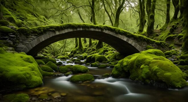 old stone bridge covered in moss over a small stream in a tranquil green forest