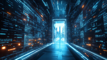 Imagine a door that leads to other realities, glowing with digital signals. It's a futuristic gateway to a virtual city, a portal to a parallel world.