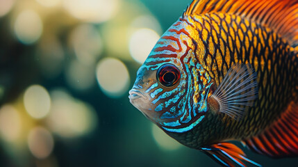 Fototapeta premium Stunning Close-Up of Vibrant Tropical Fish with Striped Scales in Underwater Bokeh