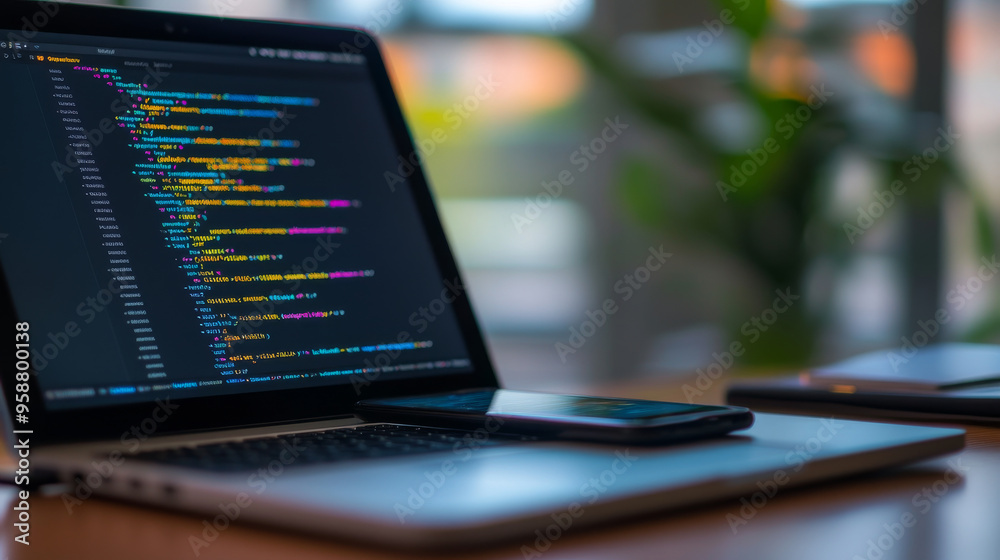 Poster a laptop and phone are on a desk, representing software development. the phone shows an app design, 