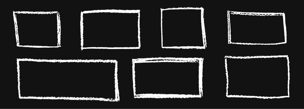 Set of white chalk hand drawn frames. Collection of writing on black board by children rectangular and square geometric shapes. Vector white doodle style outline text boxes with grunge texture.