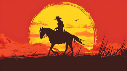 Silhouette image of a cowboy riding a horse