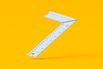 Falling carpenter's square on orange background. Angle tool. Measuring instrument for woodworking and metalworking. Construction equipment. 3d render