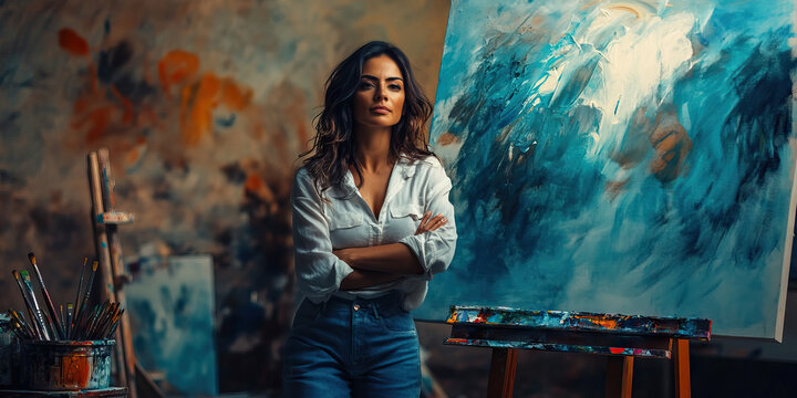 Creative Hispanic woman in art studio, applying paint to large canvas with brush.