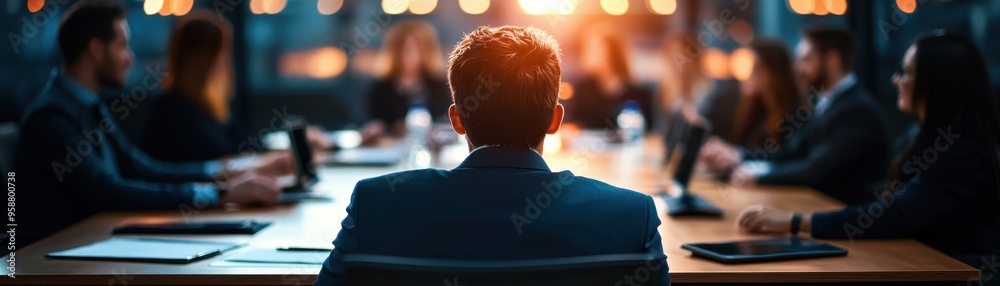 Aufkleber business meeting in modern office with diverse professionals discussing strategy, viewed from behind