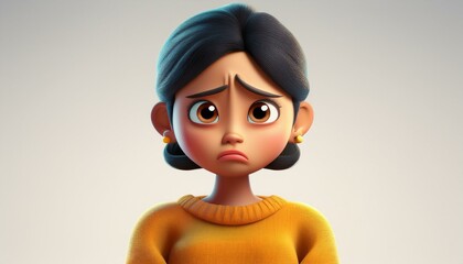 Sad Stressed Upset Disappointed Cartoon Character Young Woman in 3D Style Wearing Sweater on Light Background