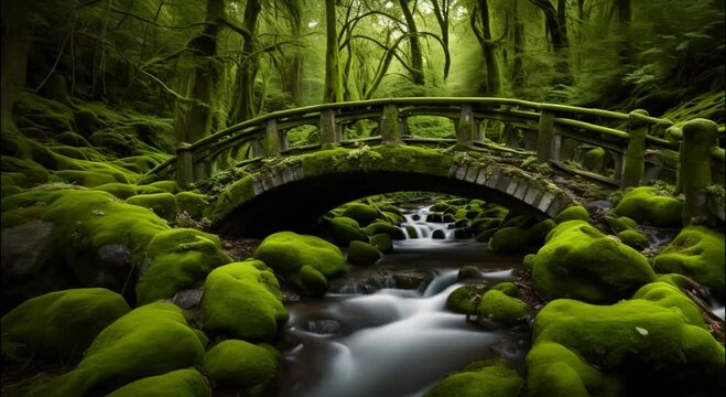 old stone bridge covered in moss over a small stream in a tranquil green forest