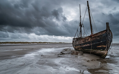 Obraz premium A striking image of a weathered boat stranded on a deserted beach, with dark, stormy clouds looming overhead, creating a dramatic and haunting coastal scene.