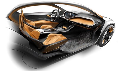Interior Design Sketch of a Modern Car with Orange Accents