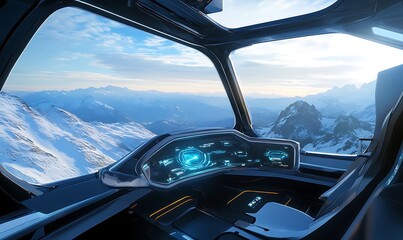 Futuristic Aircraft Cockpit with Snowy Mountain View