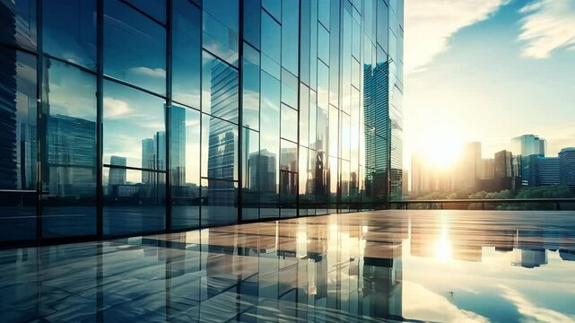 office building or business center. window buildings made of glass reflect the clouds and the sunset. empty street outside  wall modernity civilization, commercial, skyscraper, architecture