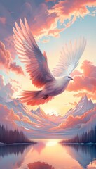 Majestic white dove soaring above a serene mountain lake at sunrise with vibrant clouds in the sky and reflections on the water.