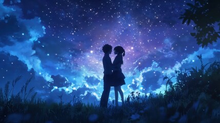 Fototapeta premium Two figures stand close, sharing a heartfelt moment beneath a breathtaking sky illuminated by stars as the day fades