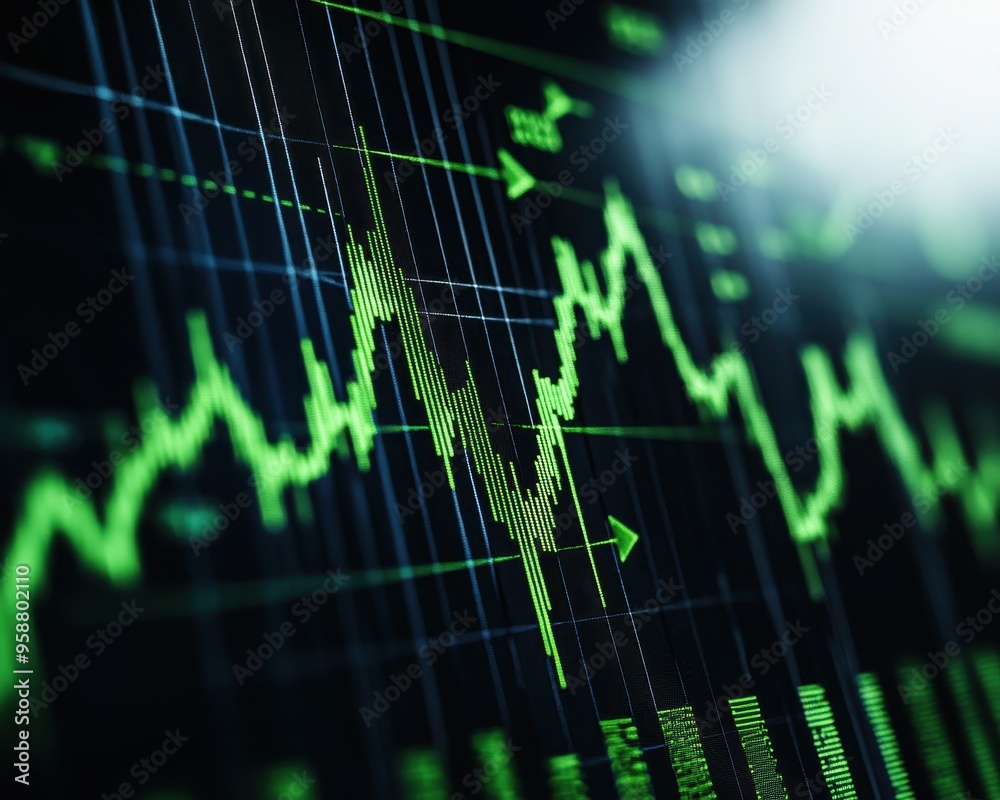 Poster close-up of financial data on a computer screen reflecting stock market trends with green graphical 