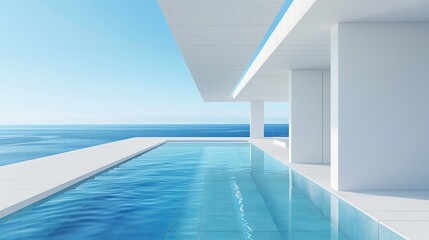 Obraz premium Corridor connecting the swimming pool and sea, Floor deck walkway Luxury beach house with swimming pool