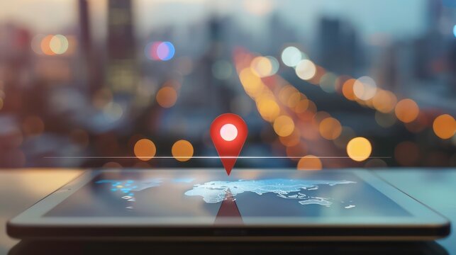 A red pin on a digital world map on a tablet, with a blurry city background and lights.