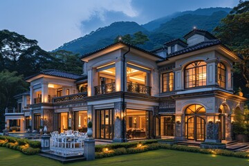 Fototapeta premium Villa in southern China with European-style architecture, large windows, illuminated at night, white tables outside, green lawns, panoramic view, warm colors.