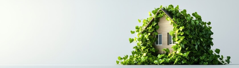 Cozy house covered with lush green ivy plant, symbolizing nature-friendly living and eco-friendly construction on plain light background.