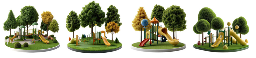 A series of four images of a park with a playground on a transparent background.