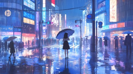 Obraz premium A woman in a black dress holds an umbrella in a vibrant, rainy urban scene.