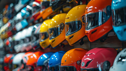 Fototapeta premium a wall of different colored helmets for kids in a store,