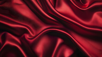 The smooth, silky texture of satin fabric in a rich, deep red color, draped in gentle folds that catch the light and create soft shadows.


