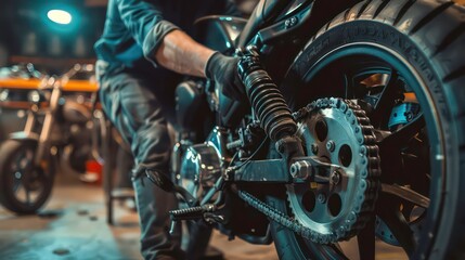 A close-up of a motorcycle's rear tire, chain, and suspension with a mechanic working on it in the background.
