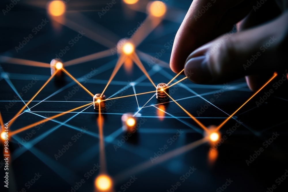 Fototapete Hand connecting dots with glowing lines, representing network and digital connections in a futuristic concept.
