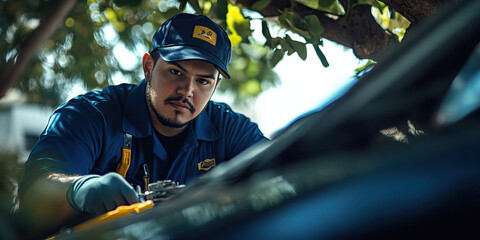 Hispanic mechanic, wearing a blue uniform and tools, repairing a car under a shady tree.