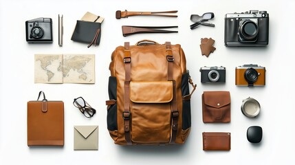 A stylish leather backpack surrounded by travel essentials and photography gear on a minimalist surface
