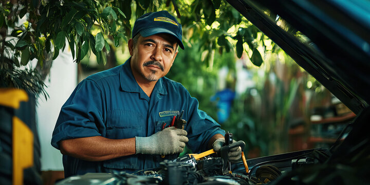 Hispanic mechanic, wearing a blue uniform and tools, repairing a car under a shady tree.