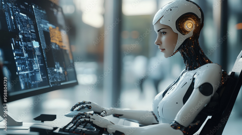Poster a robot woman, powered by artificial intelligence, sits at a desk working on a computer. she's using