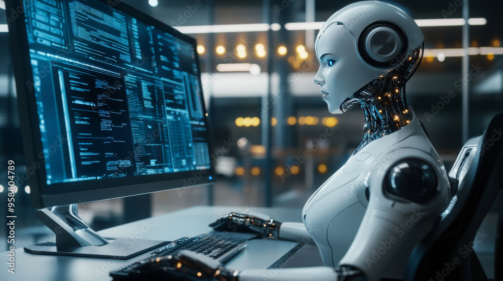 Poster a robot woman, powered by artificial intelligence, sits at a desk working on a computer. she's using