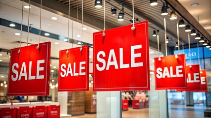 Red Sale Signs Hanging in Retail Store, Bright Promotion for Seasonal Shopping