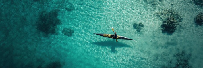 Aerial view of a person kayaking in sea water