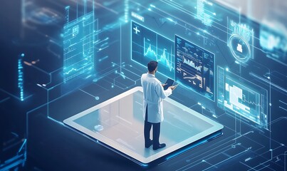 Doctor standing on a digital platform with glowing interface screens.