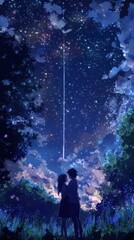 Obraz premium Two characters embrace lovingly beneath a sparkling sky filled with stars, capturing an emotional farewell moment in a tranquil setting