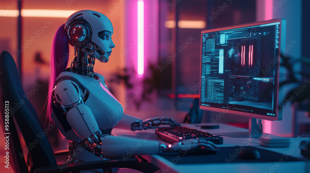 Poster a robot woman with artificial intelligence sits at a desk, working on a computer. she's a cyborg, an