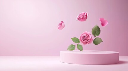 Minimalistic pink stage with roses and leaves appearing to float in mid-air. Isolated with ample copy space, ideal for feminine beauty products or luxury branding.