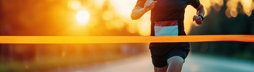 Runner crossing the finish line at sunset during a race, demonstrating victory and achievement in sports with a blurred background.