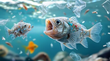 Predator fish chasing smaller fish filled with microplastics, emphasizing the bioaccumulation of pollution.