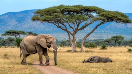 Naklejka premium A powerful elephant gazes calmly in the savannah, its trunk relaxed and strong legs poised to explore the grassy terrain during dusk