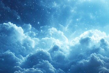 Fototapeta premium A serene blue sky with fluffy clouds illuminated by soft light, creating a peaceful and dreamy atmosphere.