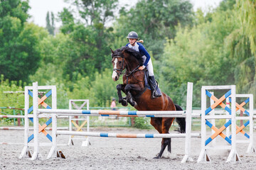 A young female rider in a blue shirt and helmet guides a bay horse over an obstacle in show jumping...