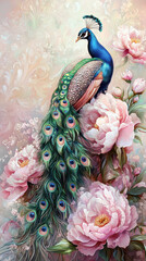 An exquisite illustration of a regal peacock perched gracefully among lush peony flowers, showcasing vibrant colors and intricate details in a beautiful composition.