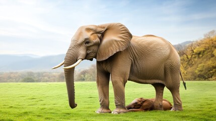 Fototapeta premium A powerful elephant gazes calmly in the savannah, its trunk relaxed and strong legs poised to explore the grassy terrain during dusk