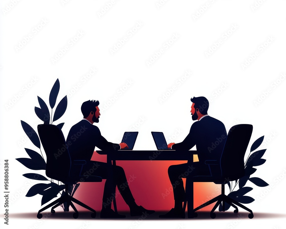 Poster two professionals facing each other at a desk with laptops, discussing business in a modern office e